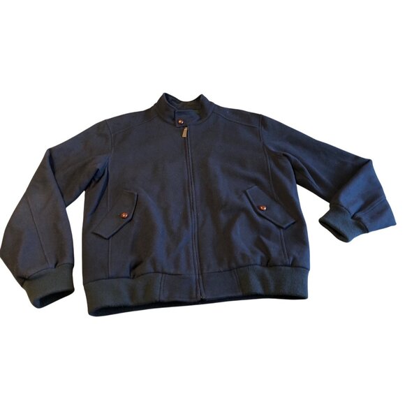 Orvis Jacket Navy Blue Wool Blend Bomber Mens L Tartan Plaid Lining Button Coat